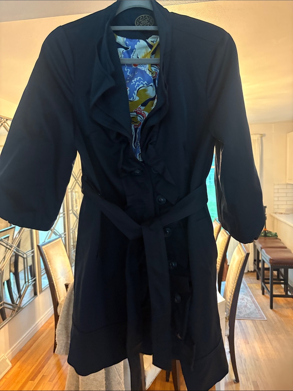 Women’s Black Ruffle Front Trench Coat with Belt